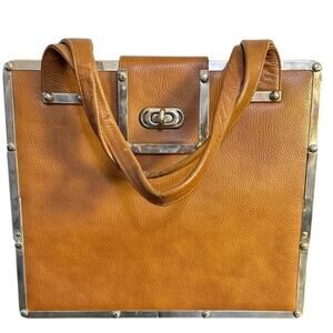 Vintage Mid-Century Continental Brown Leather Toggle Clasp Hand Bag Briefcase